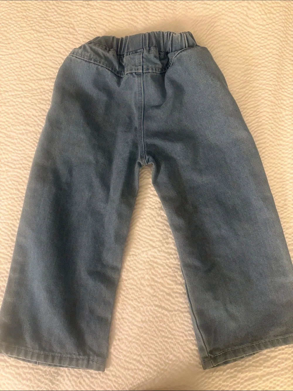 Kids Blue Denim Patchwork wide leg Pants with Cute Embroidered Details